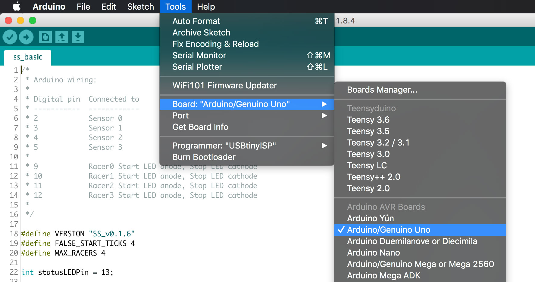 Select Arduino Uno in the tools menu.